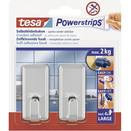 Tesa Powerstrips zelfklevende haak chroom 2kg - 2 stuks