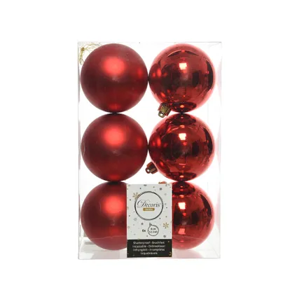 Boules de Noël Decoris plastique rouge 8cm 6pcs