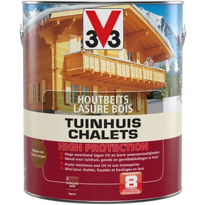V33 houtbeits Tuinhuis High Protection midden eik zijdeglans 2,5L 4
