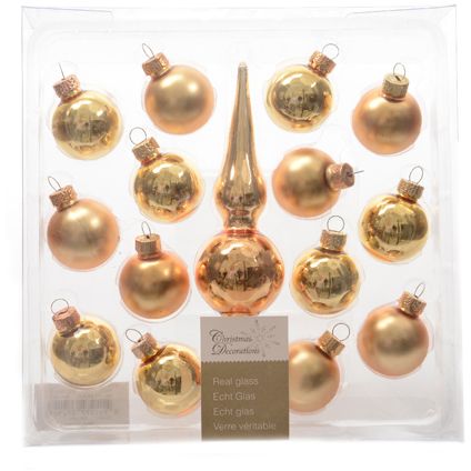 Set boules de Noël avec pointe de sapin Decoris 'Christmas Decoration' verre or 30 mm - 14 pcs