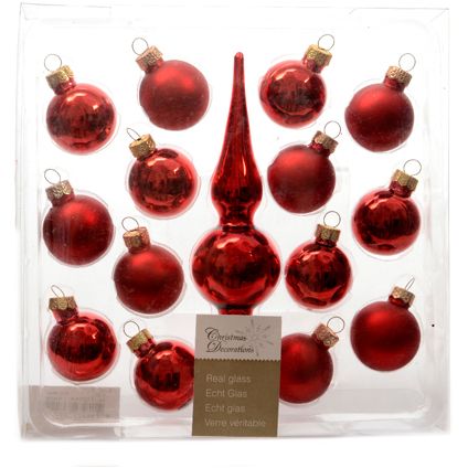 Decoris set kerstballen 'Christmas Decoration' met piek glas rood 30 mm - 14 stuks