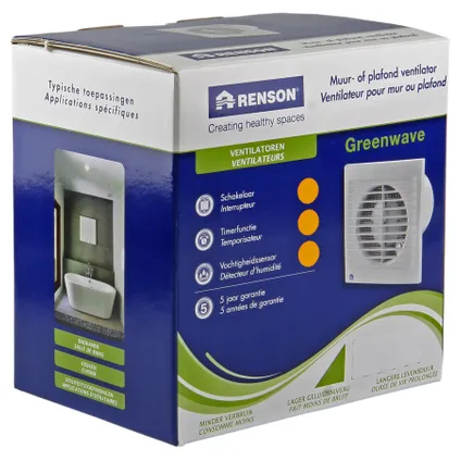 Ventilateur de salle de bain Renson Greenwave 9401H Ø100mm avec minuterie et capteur d'humidité blanc 8