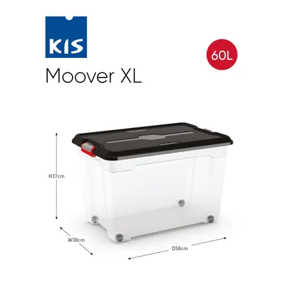 Kis Moover box XL met wielen transparant zwart 60L 3