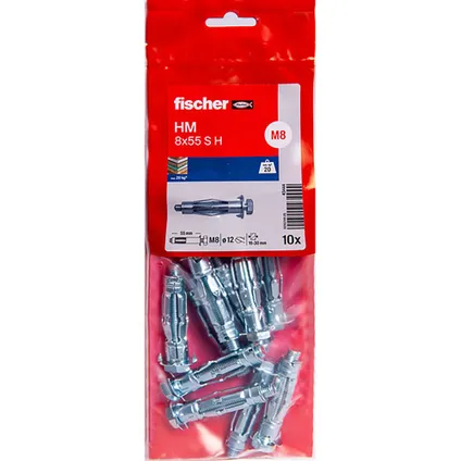 Fischer metalen hollewandplug + zeskantschroef HM 8x55 SS /10B 10st.