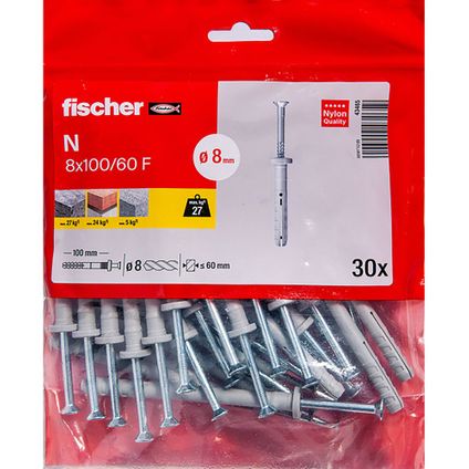 Fischer nagelplug N 8x100/60 F /30B + platte kop 30st.