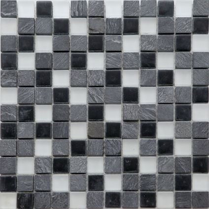Longart mozaïekblad glas & steen, mix wit/grijs/zwart matte afwerking 30x30cm