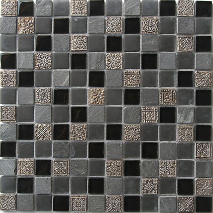 Feuille de mosaïque Longart verre, pierre & résine mix motifs en relief et carreaux noirs/gris 30x30cm