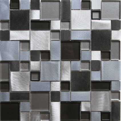Carrelage mosaïque verre-aluminium mix noir-argenté-bleu 30x30cm