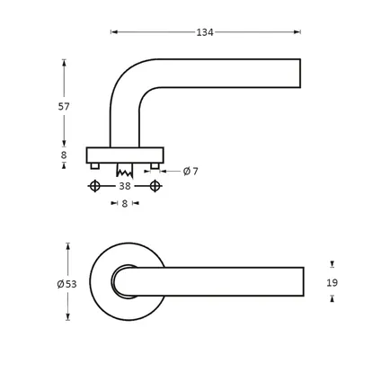 Béquille de porte demi-ronde 90° sur rosace en acier à ressort avec ergots ø53x8 mm acier inoxydable EN1906/4 5