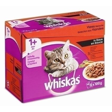 Whiskas pouch adult saus vlees selectie mp 12x100gr