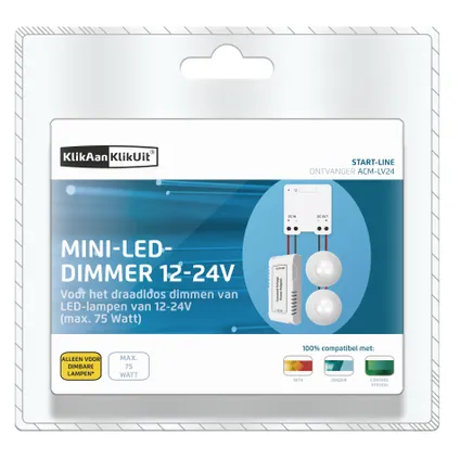 Mini-LED-dimmer 12-24V voor het draadloos dimmen van LED-lampen van 12-24V (max. 75 Watt). Te bedienen met diverse KlikAanKlikUit zenders. 3