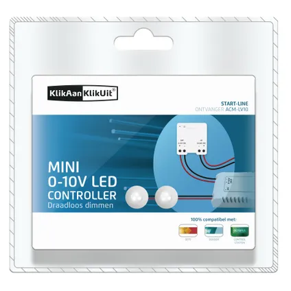 Mini-LED-controller 0-10V voor draadloos dimmen en in-/uitschakelen van maximaal 5 dimbare LED-drivers (0-10V DC). Te bedienen met diverse KlikAanKlikUit zenders. 3