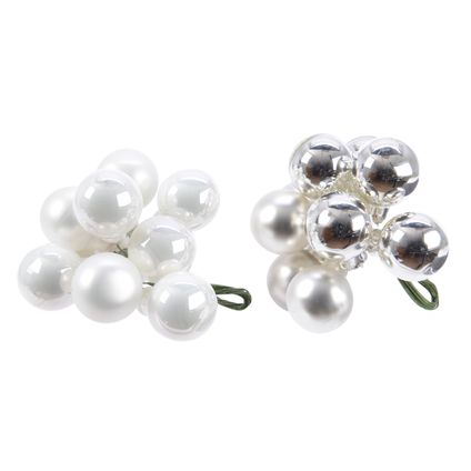 Decoris kerstballen cluster glas wit/zilver Ø2cm -10 stuks