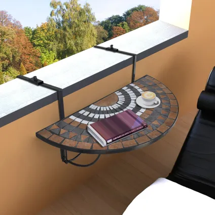 vidaXL Table suspendue de balcon Terre cuite et blanc Mosaïque 2