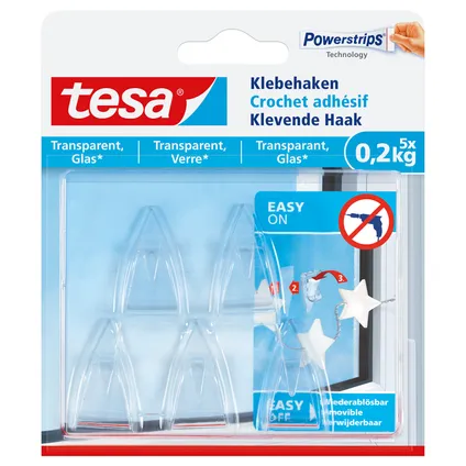 Tesa Powerstrips Zelfklevende haak 77734 voor glas en transparante oppervlakken 200 gr 5 stk