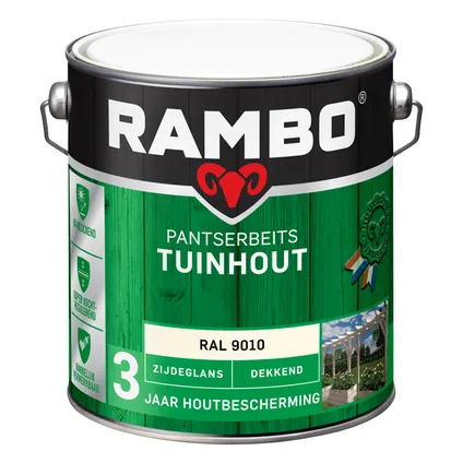 Rambo pantserbeits tuinhout dekkend zijdeglans RAL 9010 zuiverwit 2,5L 3