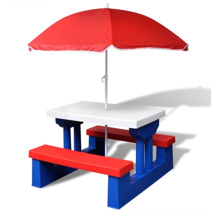 VidaXL linderpicknicktafel met banken en parasol meerkleurig