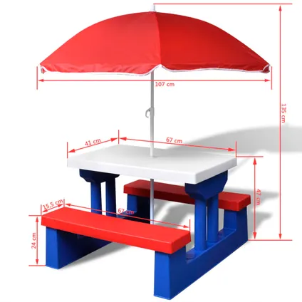 VidaXL picknicktafel kind 4 personen + parasol kind meerkleurig 5