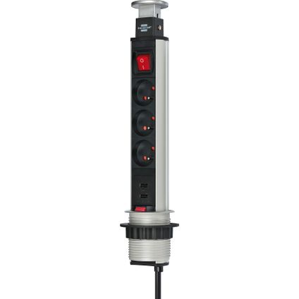 Multiprise Brennensthul encastrable Tower Power 3 prises + 2 prises-chargeur USB 2m H05VV-F 3G1,5