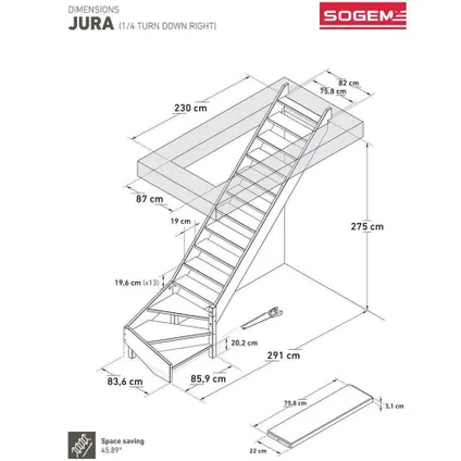 Jura escalier meunier - Sogem - quart tournant à gauche - pin - escalier ouvert avec 14 marches 4