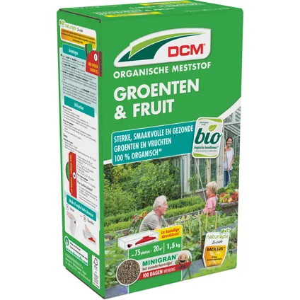 GROENTEN EN FRUIT Complete en 100% organische meststof met een hoog kalium(potas)-gehalte voor dikke, stevige, gezonde en smaakvolle groenten, kruiden en vruchten. Bevat micro-organismen voor meer bodemleven, een betere voedingsopname, een groter worteloppervlak en een optimale plantengroei. Toepasbaar