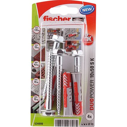 Fischer nylon plug DuoPower universeelplug 10x50 + schroef 4st.