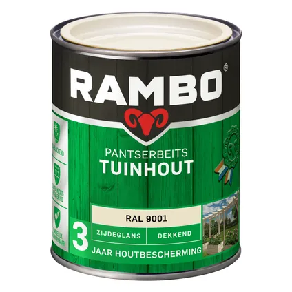 Rambo pantserbeits tuinhout dekkend zijdeglans RAL 9001 crèmewit 0,75L 3