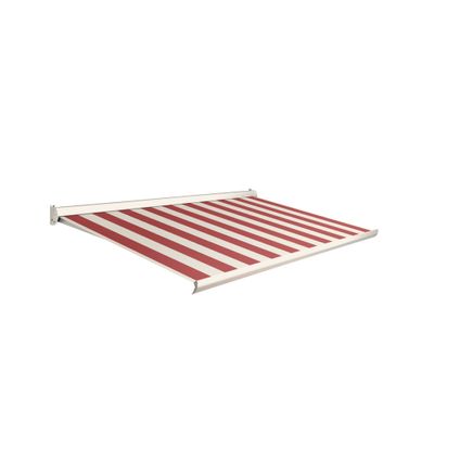 Store banne Domasol manuel F10 avec manivelle RAL9001 et toile rouge blanc D509 500x300cm