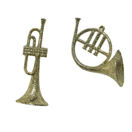 Decoris kerstboomhanger trompet plastic lichtgoud 2 stuks