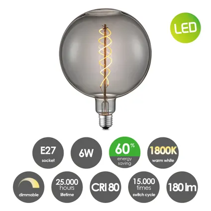 Home Sweet Home ledfilamentlamp Spiral G180 gerookt glas E27 6W 5