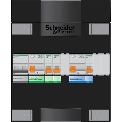 Schneider groepenkast 1-fase aansluiting 1 hoofdschakelaar + 2 aardlekautomaten 40A 3 installatieautomaten 16A 2