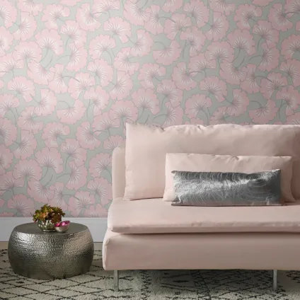 Sublime vliesbehang Gingko grijs roze