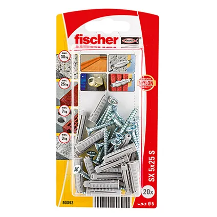 Fischer nylon plug SX 5x25mm S + schroef 20st.
