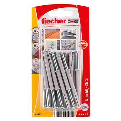 Fischer nylon nagelplug N 5x50/25mm S met verzonken kop 20st.