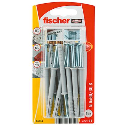Fischer nylon nagelplug N 6x60/30mm S met verzonken kop 15st.
