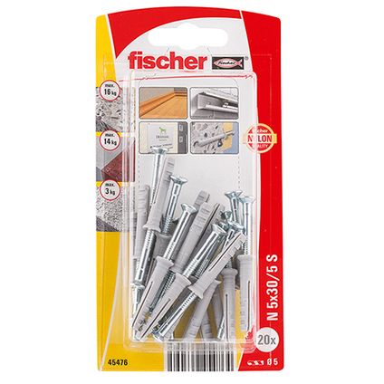 Fischer nylon nagelplug N 5x30/5 S verzonken kop 20st.