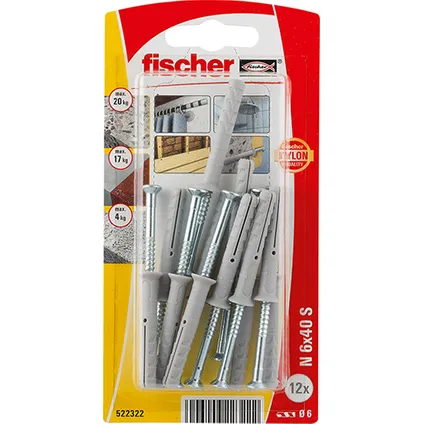 Fischer nylon nagelplug N 6x40 S verzonken kop 12st.