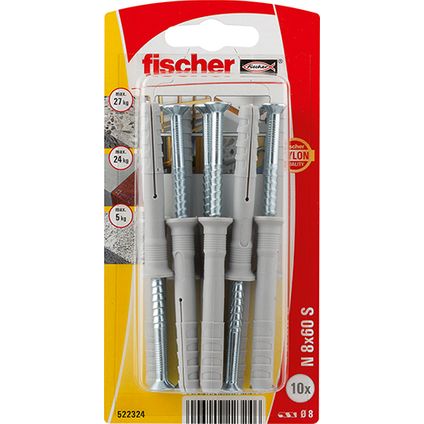 Fischer nylon nagelplug N 8x60 S verzonken kop 10st.