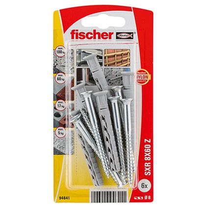 Fischer nylon constructieplug SXR-Z 8x60mm + schroef met verzonken kop 6 stuks