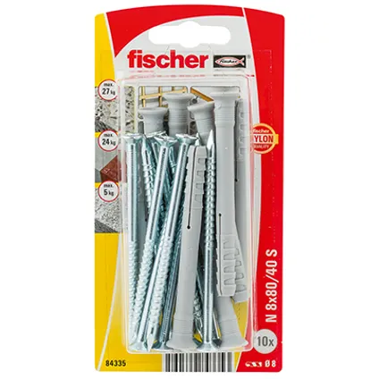 Fischer nylon nagelplug N 8x80/40mm S + schroef met verzonken kop 10st.