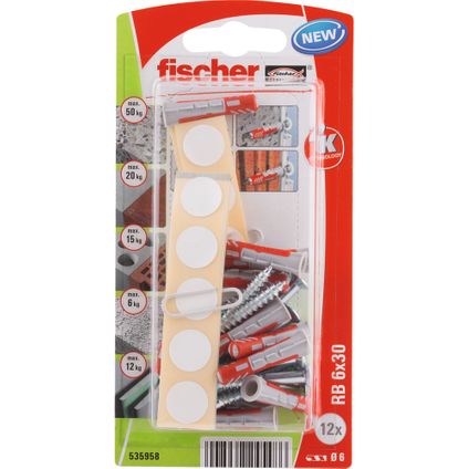 Fischer nylon plug DuoPower 6x30mm + schroeven voor plankbevestiging 12st.