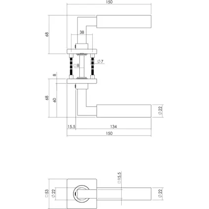 Intersteel deurkruk Bau-Stil op rozet vierkant staal met 7mm nok met sleutelgatplaatjes RVS 2