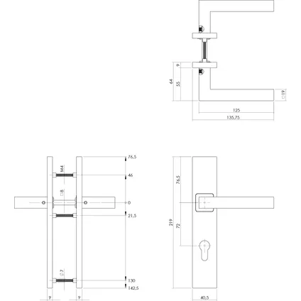 Poignée de porte Intersteel carrée sur plaque rectangulaire trou de cylindre profilé 72mm acier inoxydable brossé 2