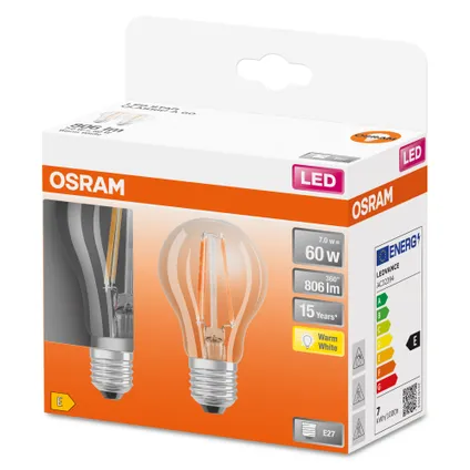 Osram ledfilamentlamp Retrofit Classic A warm wit E27 6,5W 2st. 2