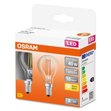 Ampoule LED filament Osram Retrofit Classic P blanc chaud E14 4W 2pcs.