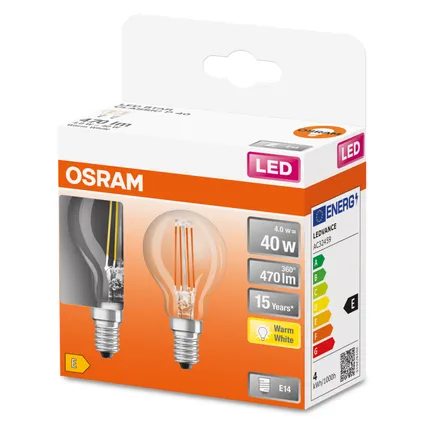 Ampoule LED filament Osram Retrofit Classic P blanc chaud E14 4W 2pcs.