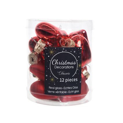 Boules de Noël cœur Decoris verre mix rouge 4cm 12pcs