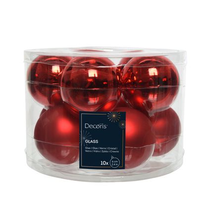 Decoris Kerstballen glas rood mix glanzend/mat Ø6cm 10 stuks