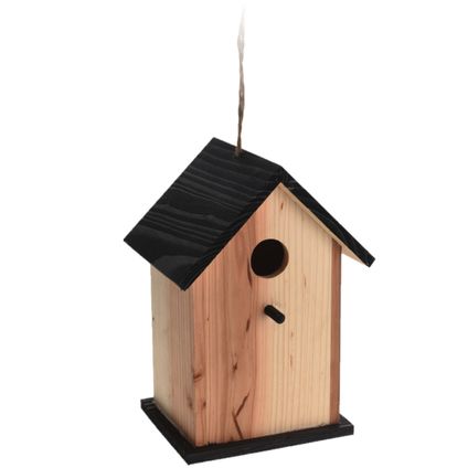 Vogelhuisje - zwart en naturel - hout - ophangbaar - 22 cm