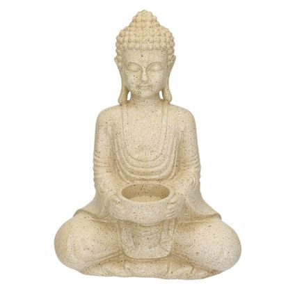 Boeddha beeld - grijs - met waxinelichthouder - polystone - 27 cm